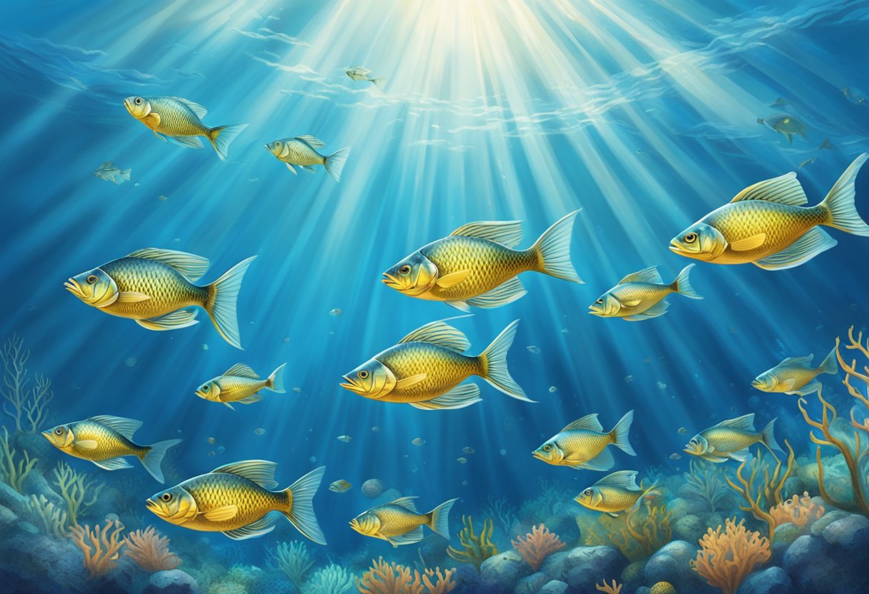 A school of bombil fish darting through the clear blue waters, their silver scales shimmering in the sunlight as they gracefully glide through the ocean depths