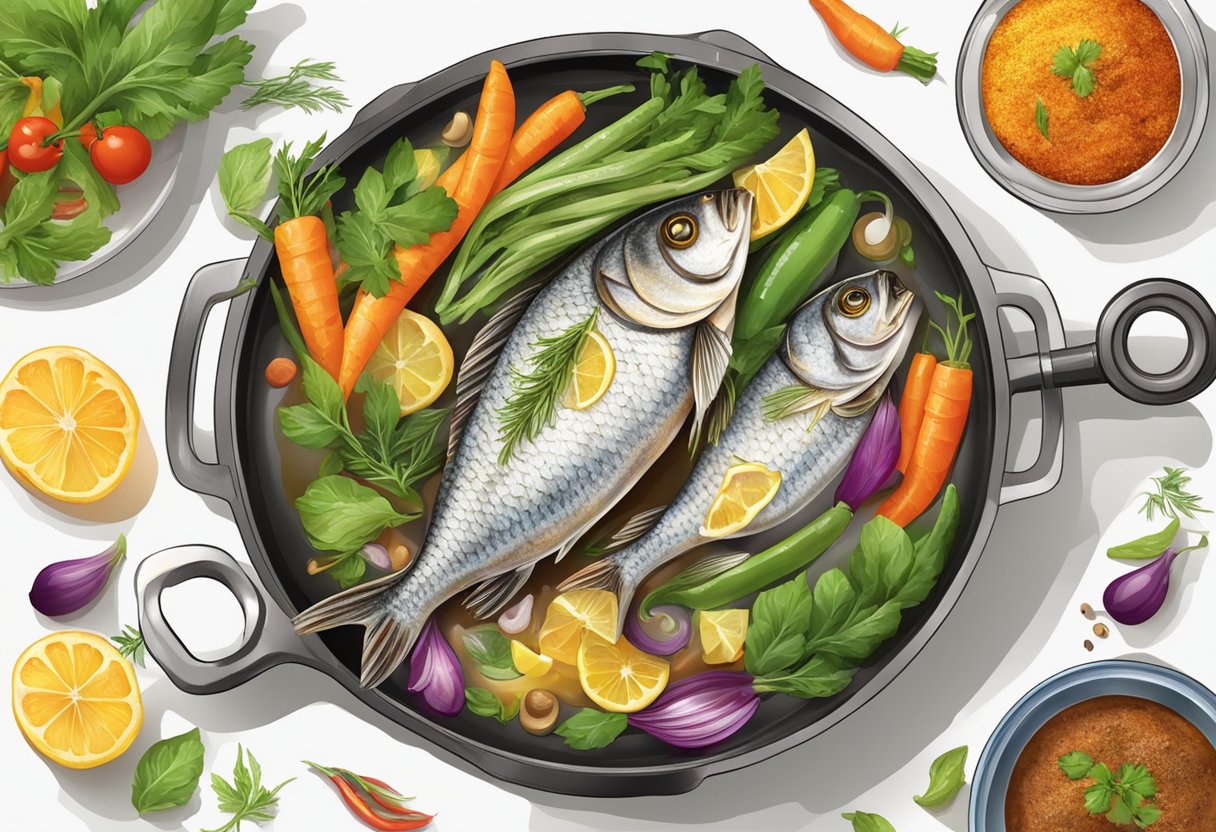 A bombil fish sizzling in a hot pan, releasing a tantalizing aroma of spices and herbs, surrounded by colorful vegetables and garnishes