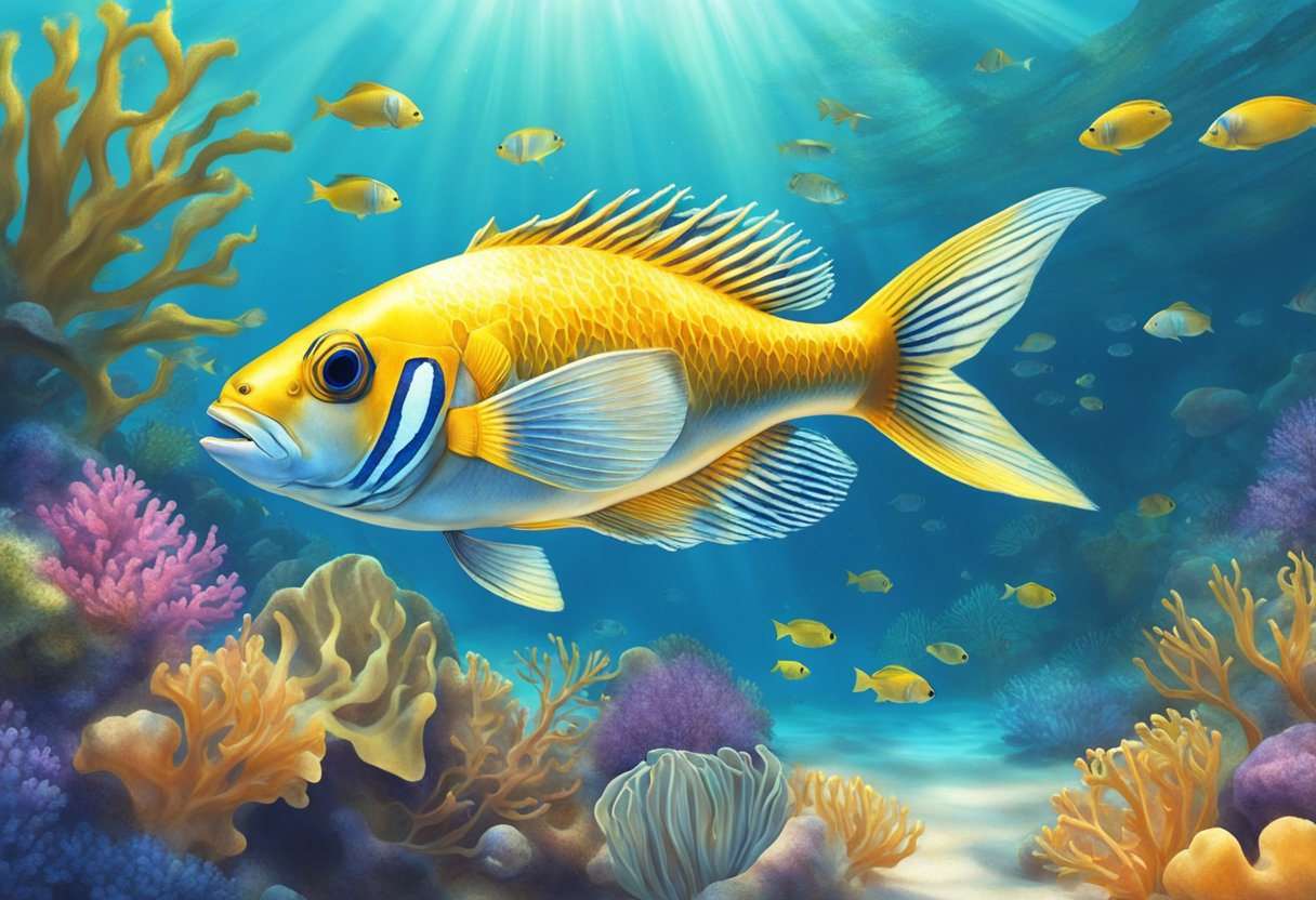 The bombil fish swims gracefully among the vibrant coral reefs, its slender body glistening in the dappled sunlight filtering through the clear ocean waters