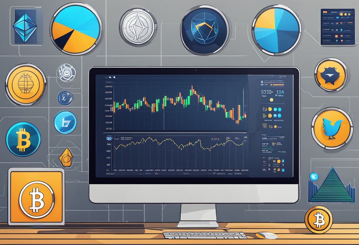 A variety of cryptocurrency logos displayed on a computer screen, with price charts and graphs in the background