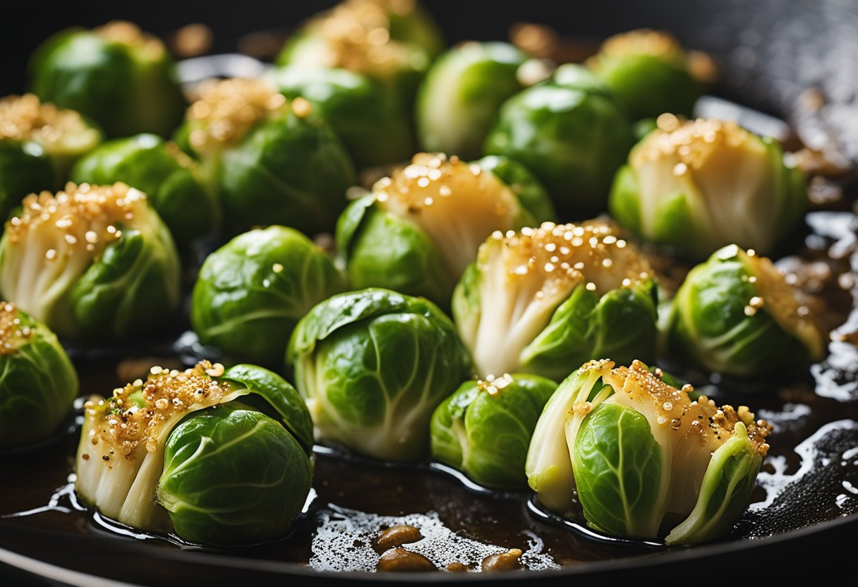 Brussels sprouts sizzling in fish sauce, steam rising, golden brown edges