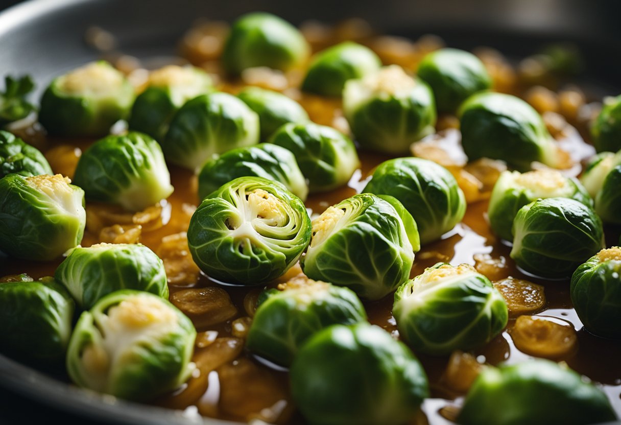 Brussels sprouts being tossed in fish sauce before cooking