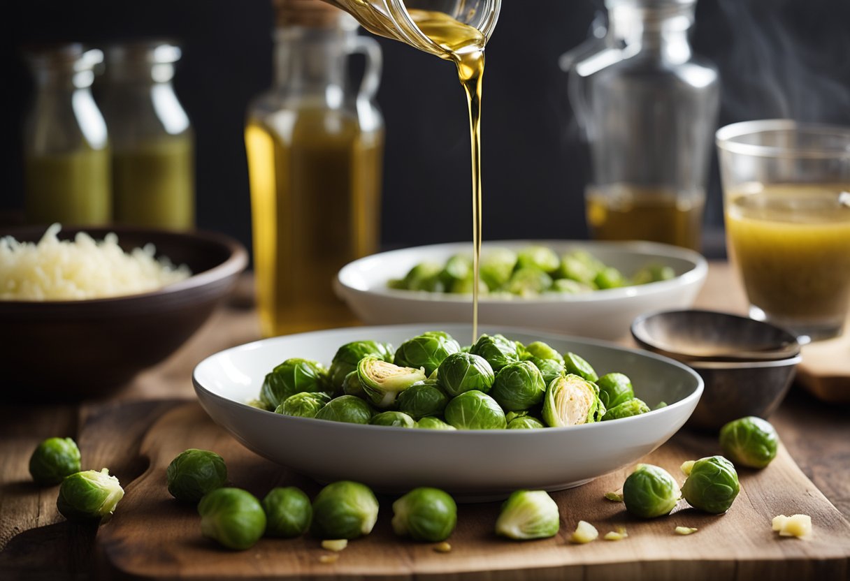 Brussel sprouts being drizzled with fish sauce vinaigrette in a rustic kitchen setting. Ingredients and utensils scattered on a wooden table