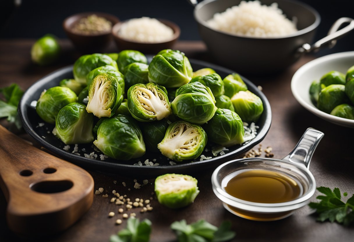 Brussel sprouts sizzling in fish sauce, surrounded by a list of frequently asked questions