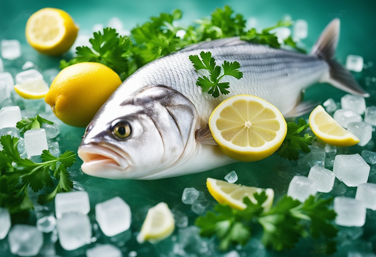 A boneless white fish lies on a bed of ice, glistening under the soft light, surrounded by vibrant green parsley and slices of lemon