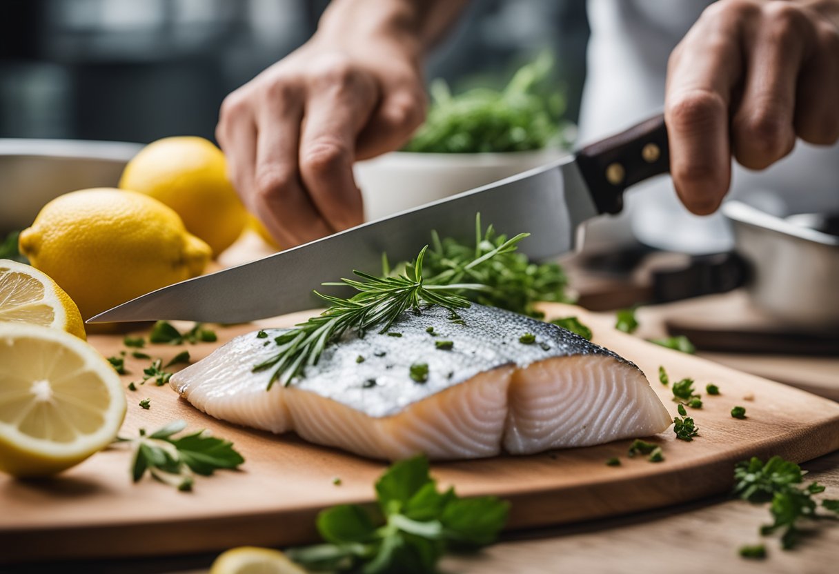 A hand holding a fillet knife, cutting boneless white fish on a clean cutting board, with lemon slices and herbs nearby