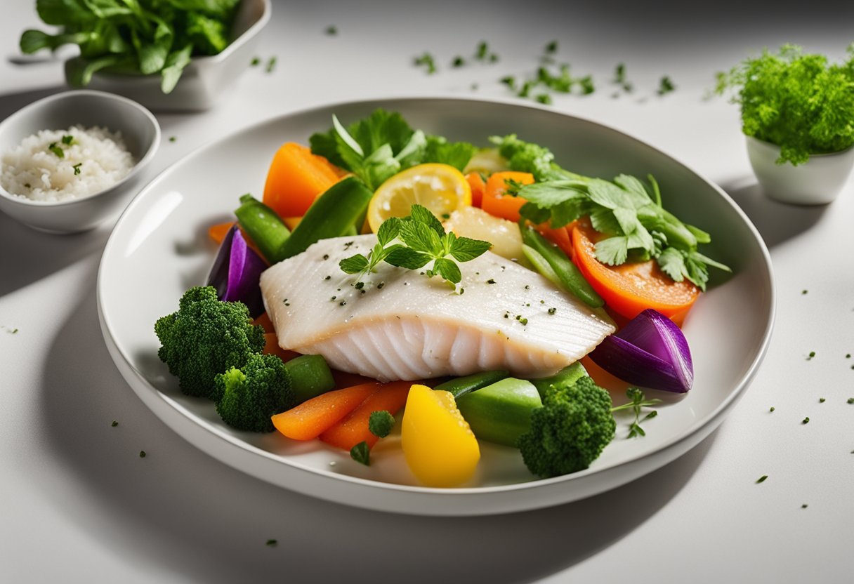 A plate of boneless white fish surrounded by colorful vegetables and garnished with fresh herbs, highlighting its health benefits and nutritional value