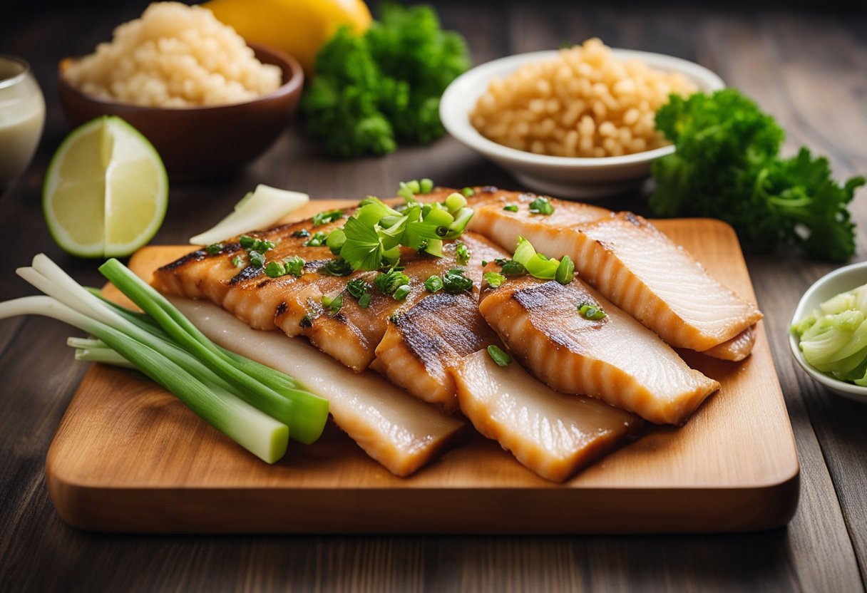 A wooden cutting board with sliced buri fish, surrounded by ingredients like ginger, soy sauce, and green onions