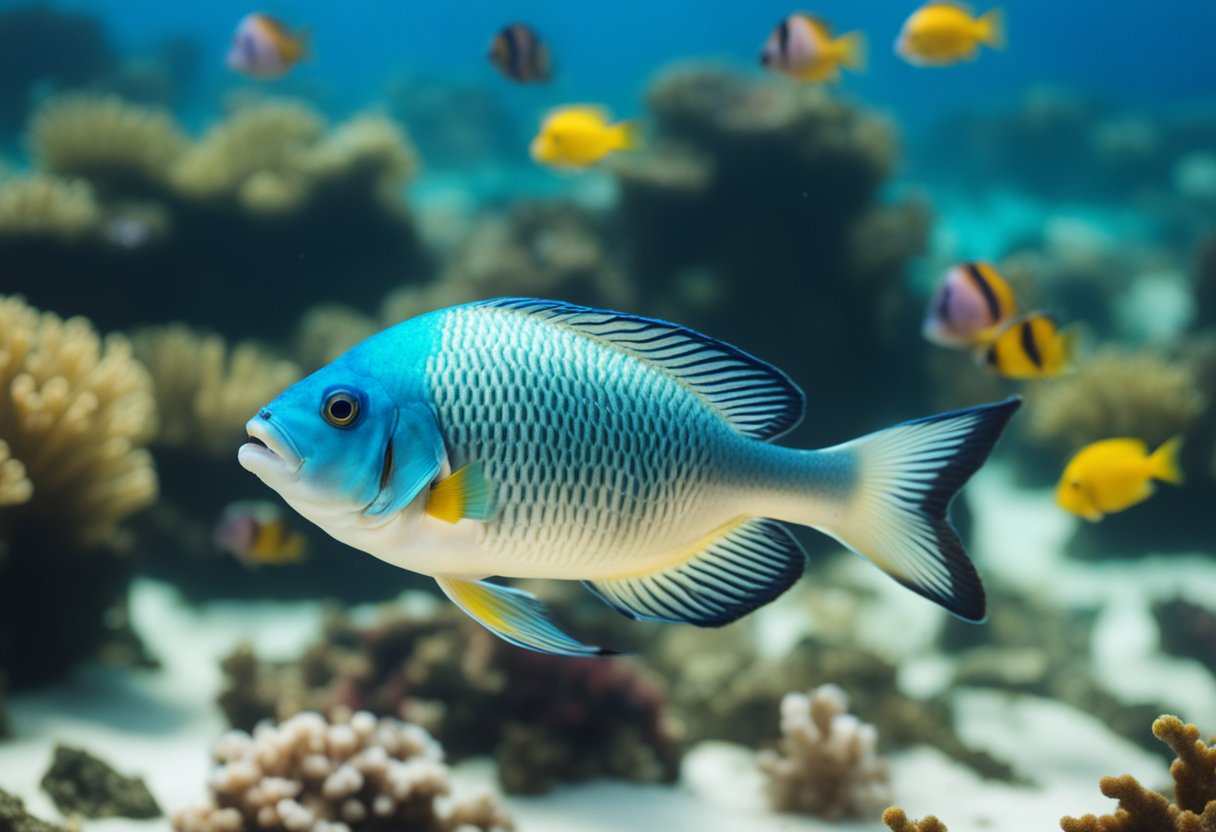 A buri fish swimming gracefully in clear, blue ocean waters, surrounded by colorful coral and seaweed