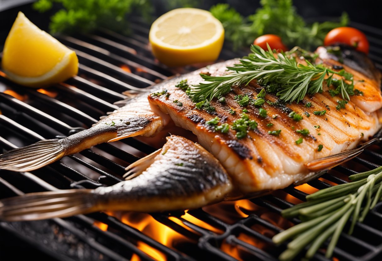 A whole buri fish sizzling on a hot grill, surrounded by aromatic herbs and spices. The fish is being basted with a flavorful glaze, creating a mouthwatering scene