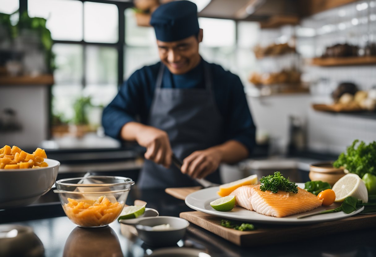 A buri fish being prepared with ingredients and utensils laid out on a clean kitchen counter. Recipe instructions visible in the background