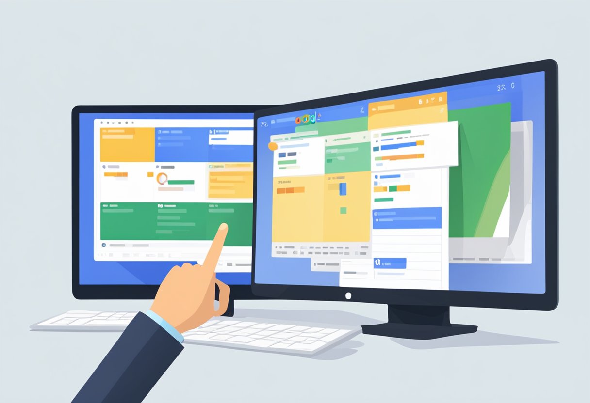 Two computer screens side by side, one displaying Google Calendar and the other displaying Outlook. A hand cursor dragging and dropping events from Google to Outlook