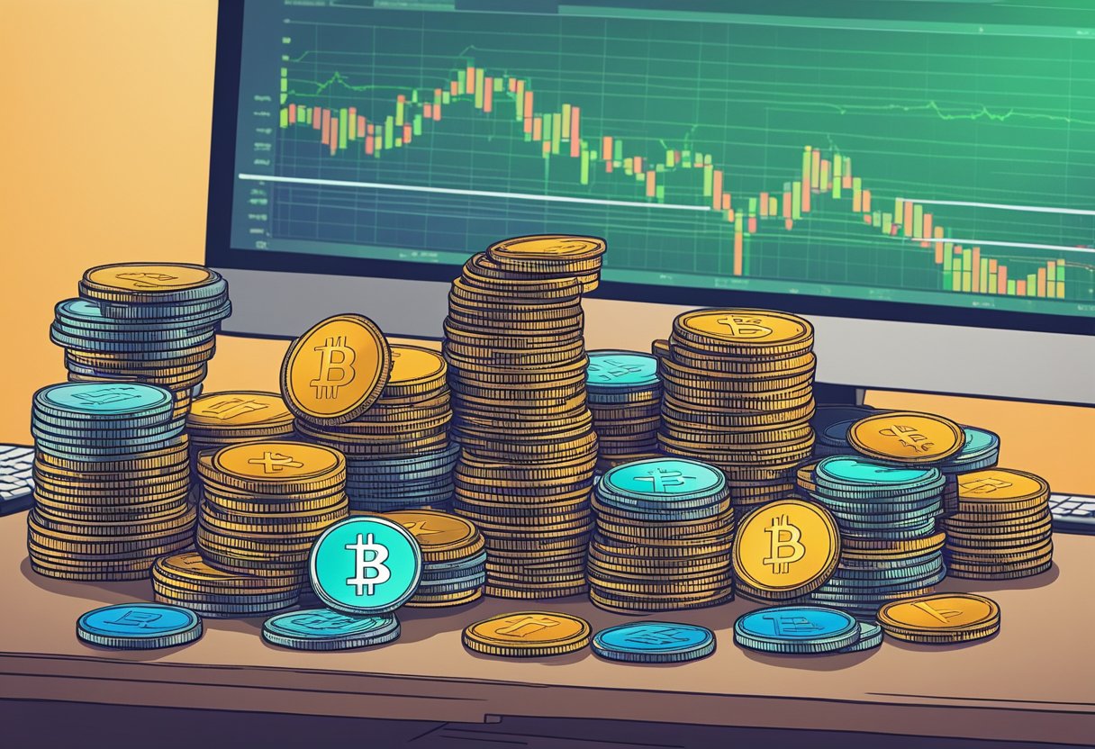 A stack of colorful cryptocurrency coins arranged neatly on a desk, with a chart showing the best budget-friendly crypto investments in the background
