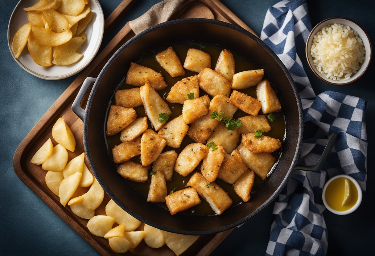 Golden-brown fish fillets sizzling in a bubbling pot of oil, surrounded by crispy, salted chips on a checkered paper-lined tray