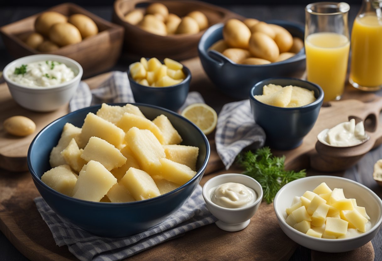 A bowl of batter sits next to fresh butter fish and potatoes, ready to be coated and fried for the perfect fish and chips