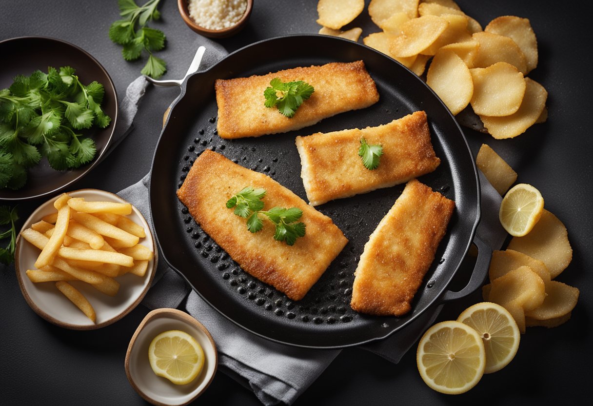 A sizzling butter fish fillet is being fried in a pan, while golden crispy chips are being served on a plate