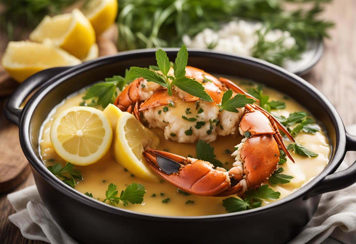 A pot of bubbling butter with lobster tails simmering inside. Lemon wedges and fresh herbs scattered nearby