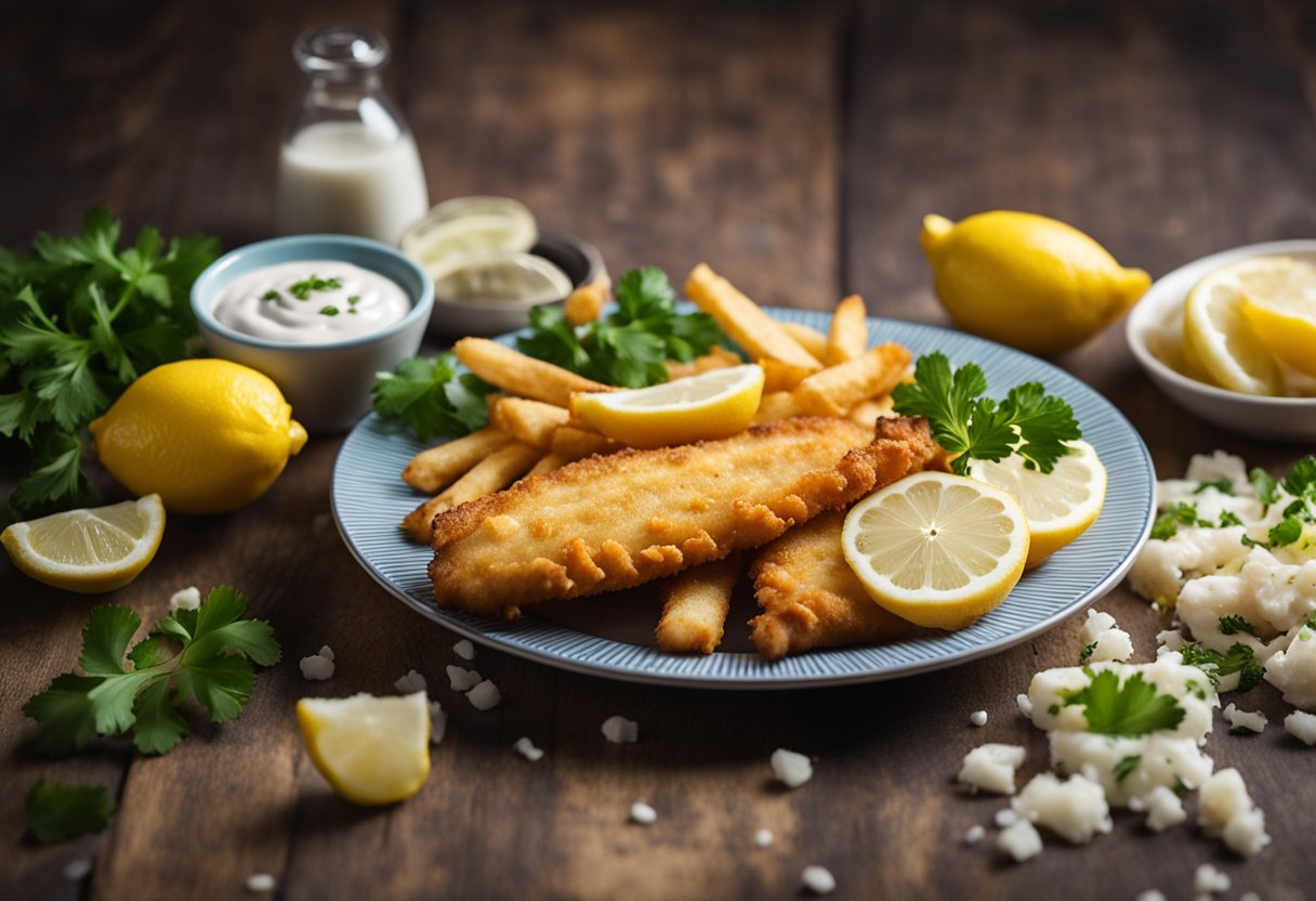 A plate of golden-brown fish and chips with a side of tartar sauce, surrounded by a scattering of lemon wedges and a sprinkle of fresh parsley