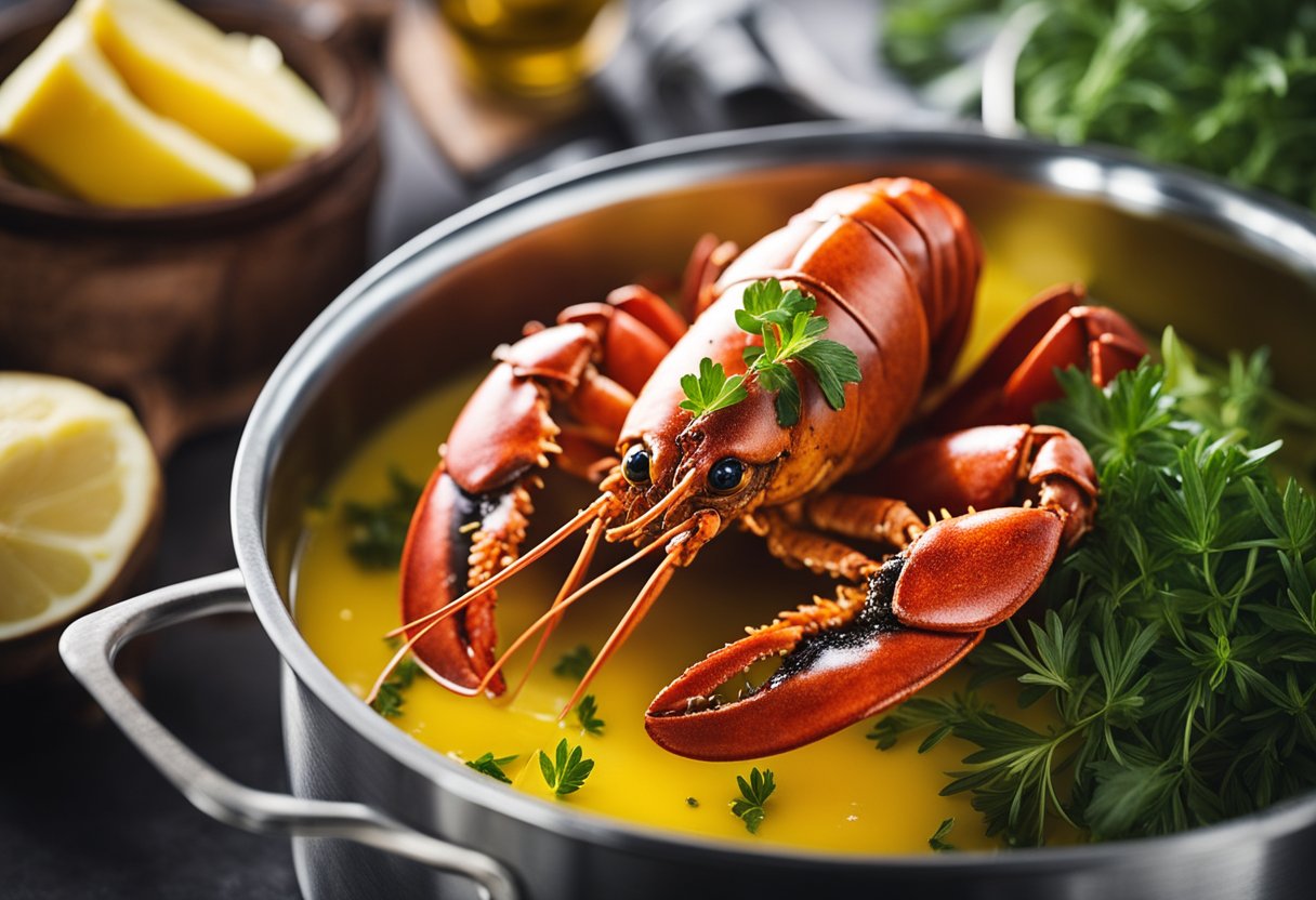 A lobster being gently poached in a pot of melted butter, surrounded by aromatic herbs and spices