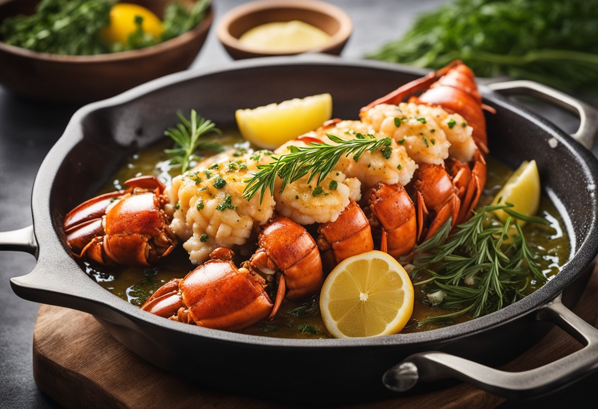 Lobster tail submerged in bubbling butter, surrounded by aromatic herbs and spices, sizzling in a skillet over a low flame
