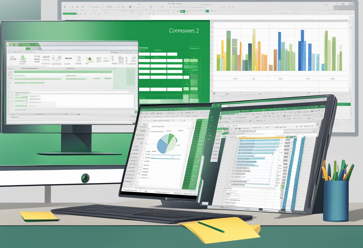 A computer monitor displaying a Word document being converted to an Excel spreadsheet. The Excel interface is open, showing the data import and conversion process