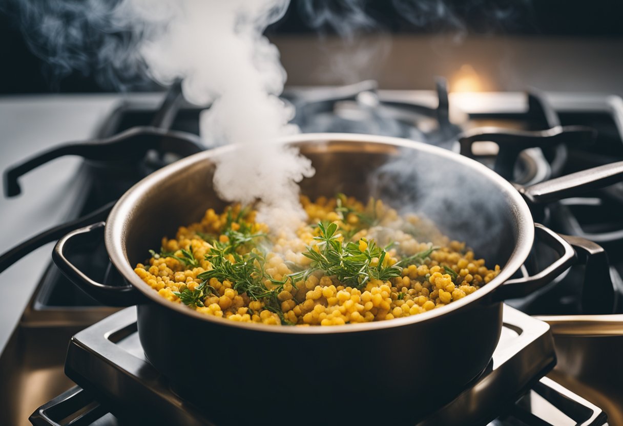 A pot of yoni steam herbs simmering on a stove, releasing fragrant steam. A woman's chair, draped with a cloth, sits ready for the steaming process