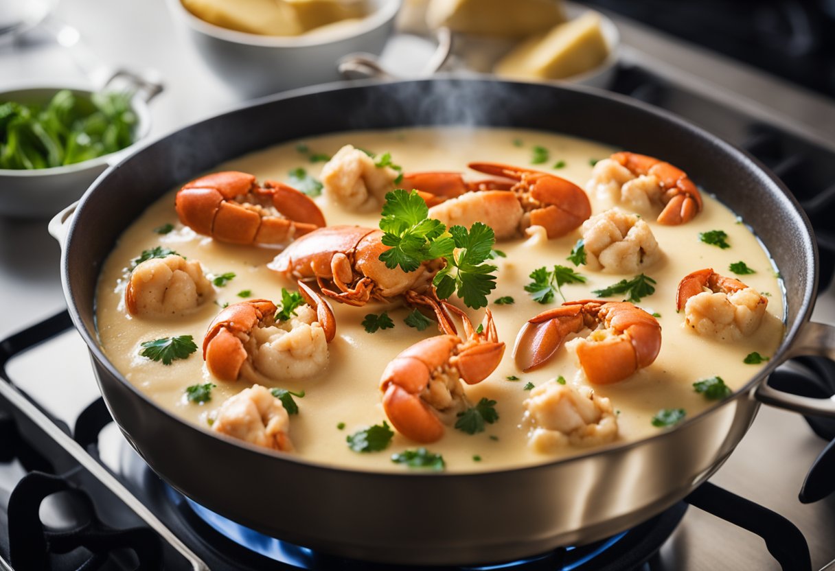 A large pot of water simmering on a stove, with chunks of lobster being gently poached in a rich, creamy butter sauce