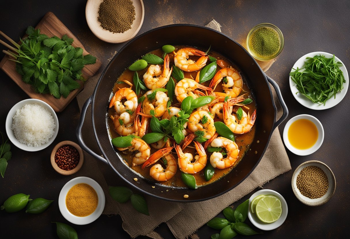 A sizzling wok of butter prawns, infused with chili and curry leaves, surrounded by aromatic spices and fresh herbs in a bustling Singapore hawker center