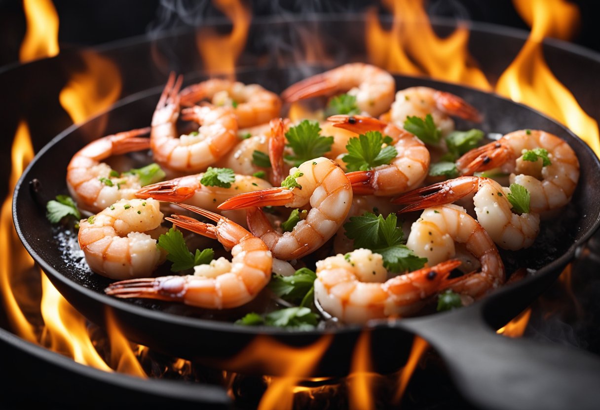 Prawns sizzling in a hot wok with butter, garlic, and chili. Aromatic steam rising as the prawns turn pink and fragrant