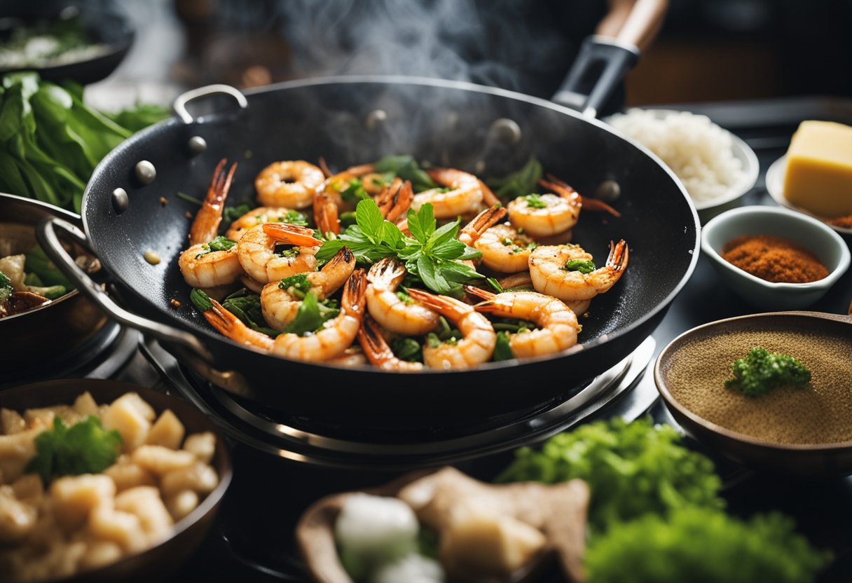 A wok sizzles as butter prawns cook, surrounded by aromatic spices and fresh herbs in a bustling Singaporean kitchen