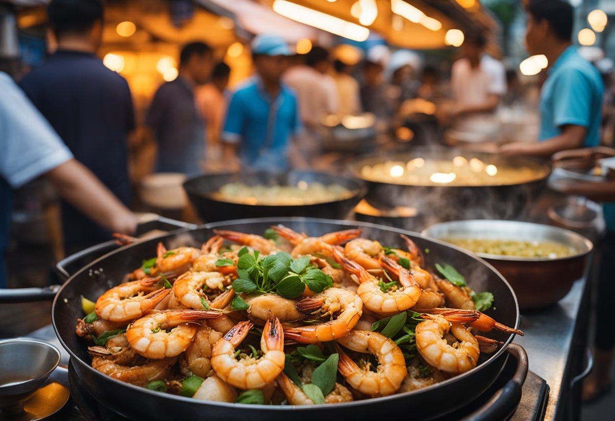 A sizzling wok with bubbling butter prawns, surrounded by aromatic spices and fresh herbs, set against a backdrop of bustling Singapore street food stalls