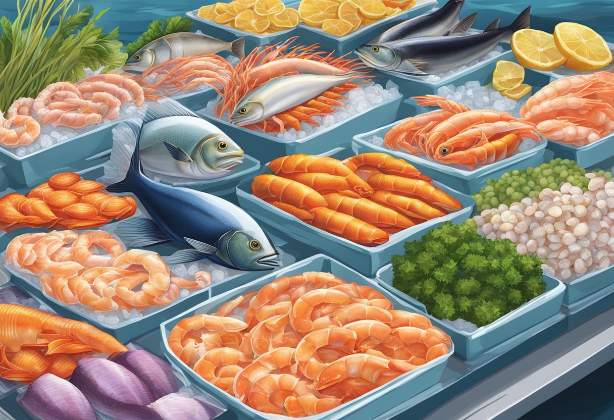 A colorful array of fresh seafood glistens on ice at Seaco's market, with the vibrant hues of fish, shrimp, and shellfish enticing customers with their oceanic freshness