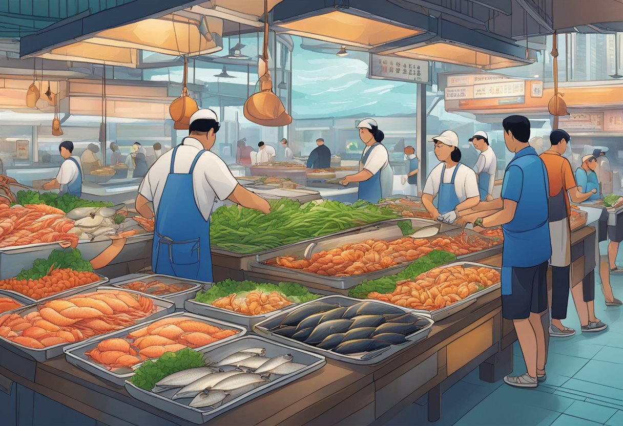 A bustling online marketplace for fresh seafood in Singapore, with a variety of fish, shellfish, and crustaceans on display. Vibrant colors and a sense of convenience and accessibility are evident in the scene