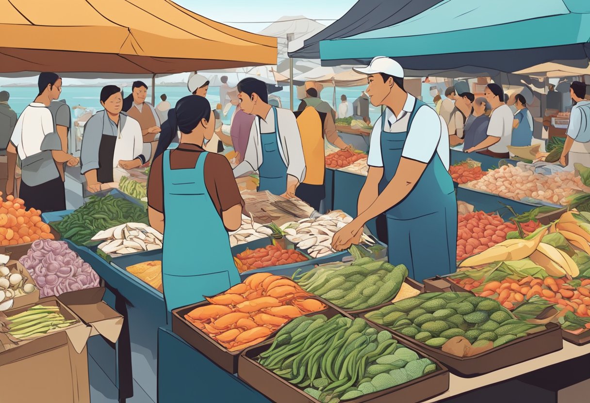 A bustling seafood market with colorful displays and customers asking questions at a vendor's stall