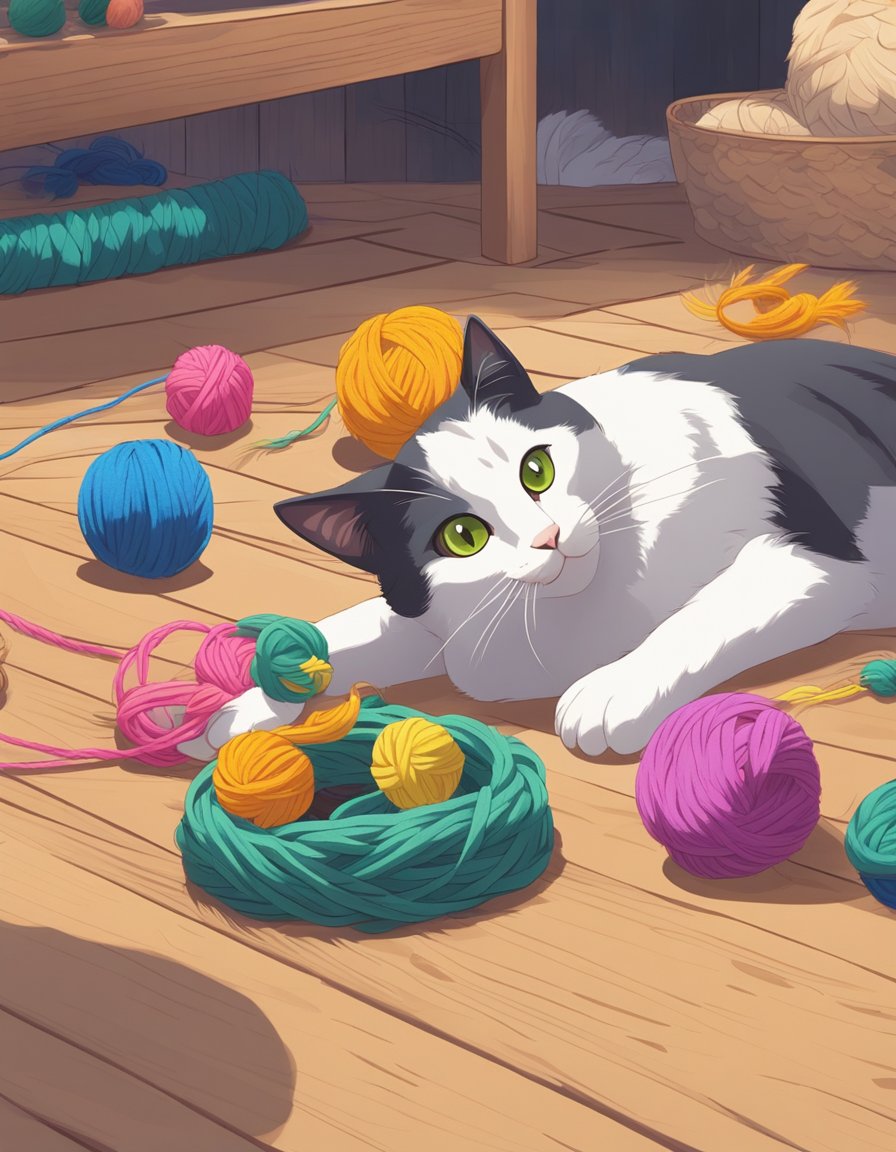 Colorful, homemade cat toys scattered on a wooden floor, surrounded by natural materials like jute, sisal, and felt.</p><p>A cat plays with a yarn ball in the background