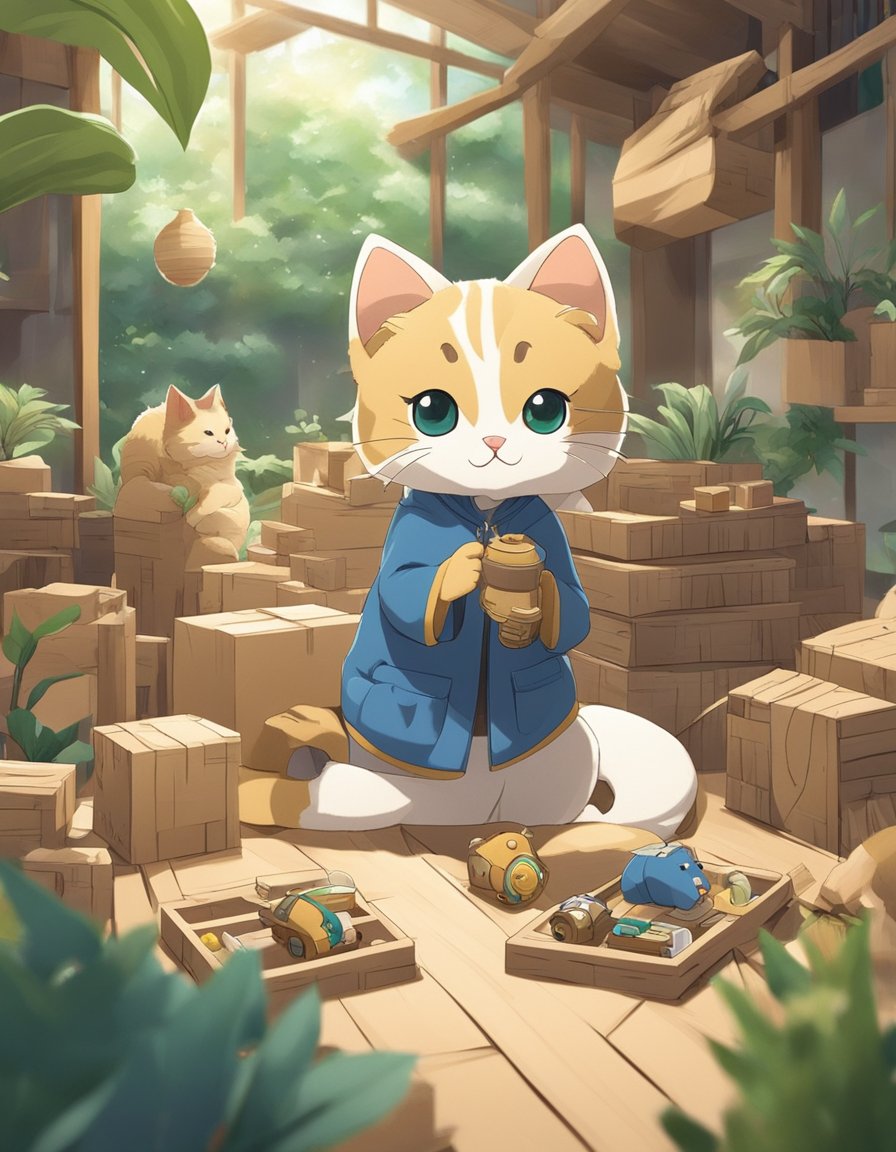 A cat playing with handmade eco-friendly toys in a natural setting, surrounded by sustainable materials like cardboard, wood, and organic fabrics