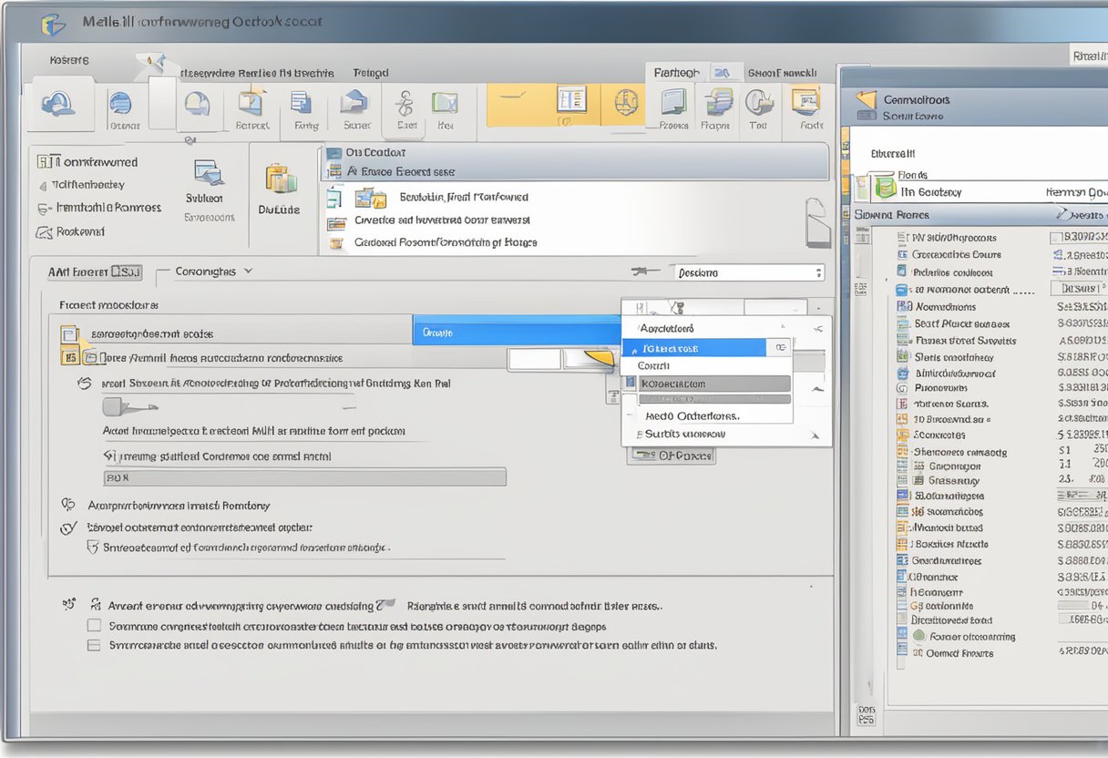 A computer screen displays the Outlook interface with the "Mail Forwarding Rules" option highlighted. A cursor hovers over the option, ready to set up email forwarding