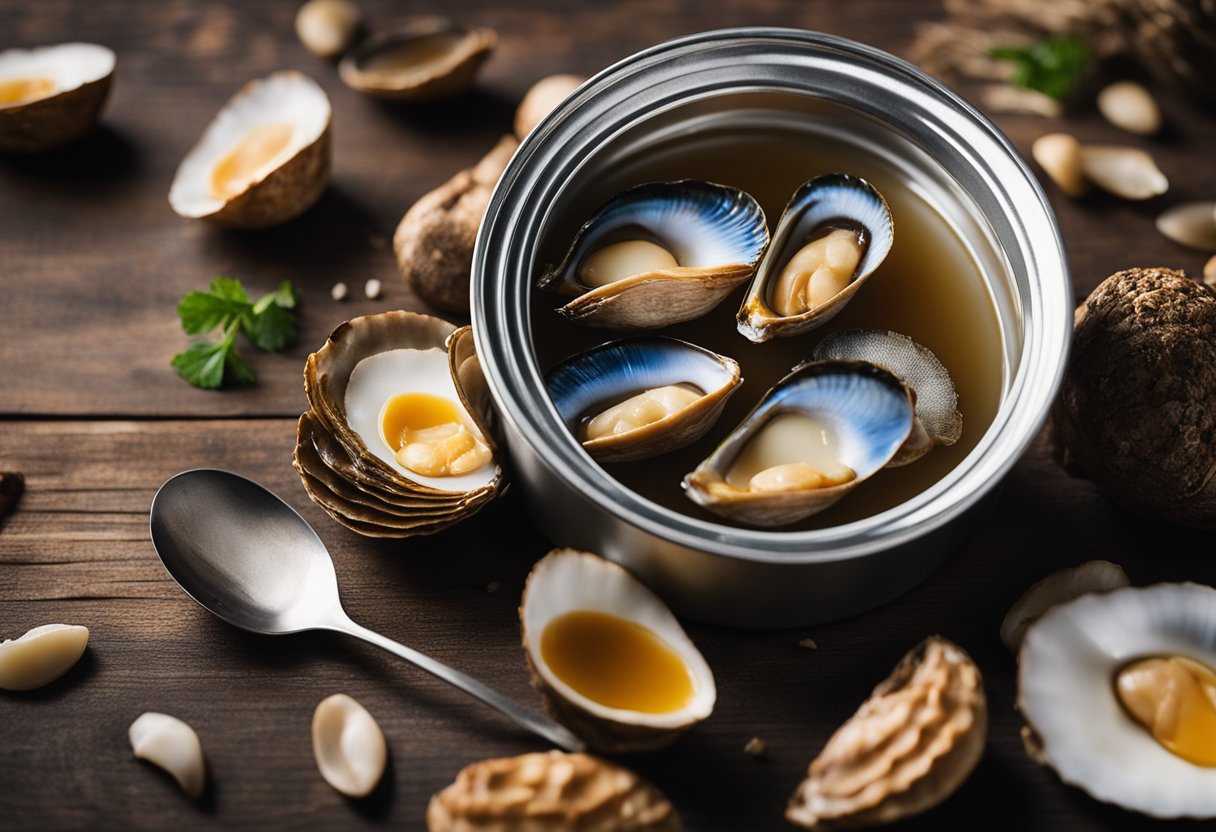 A can of braised abalone sits open on a rustic wooden table, surrounded by scattered shells and a delicate seafood aroma