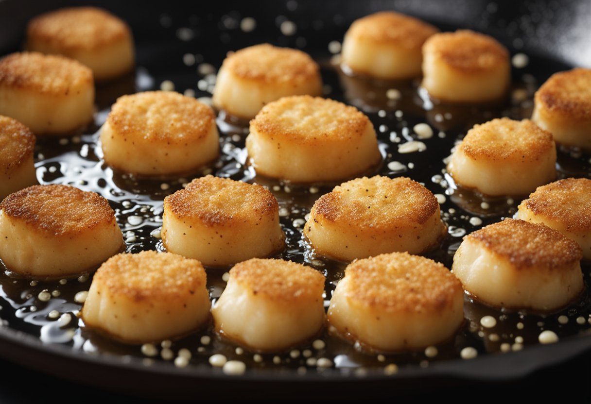 Golden-brown breaded scallops sizzling in a hot pan, surrounded by sizzling bubbles of oil