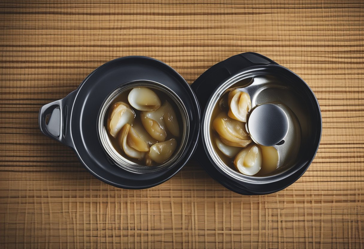 A can opener punctures the lid of a canned braised abalone, releasing the savory aroma of the delicacy within