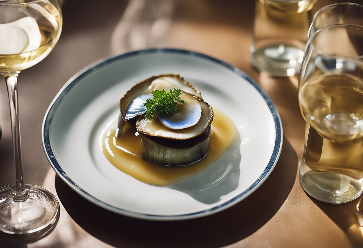 A can of braised abalone being opened and paired with a glass of white wine on a table