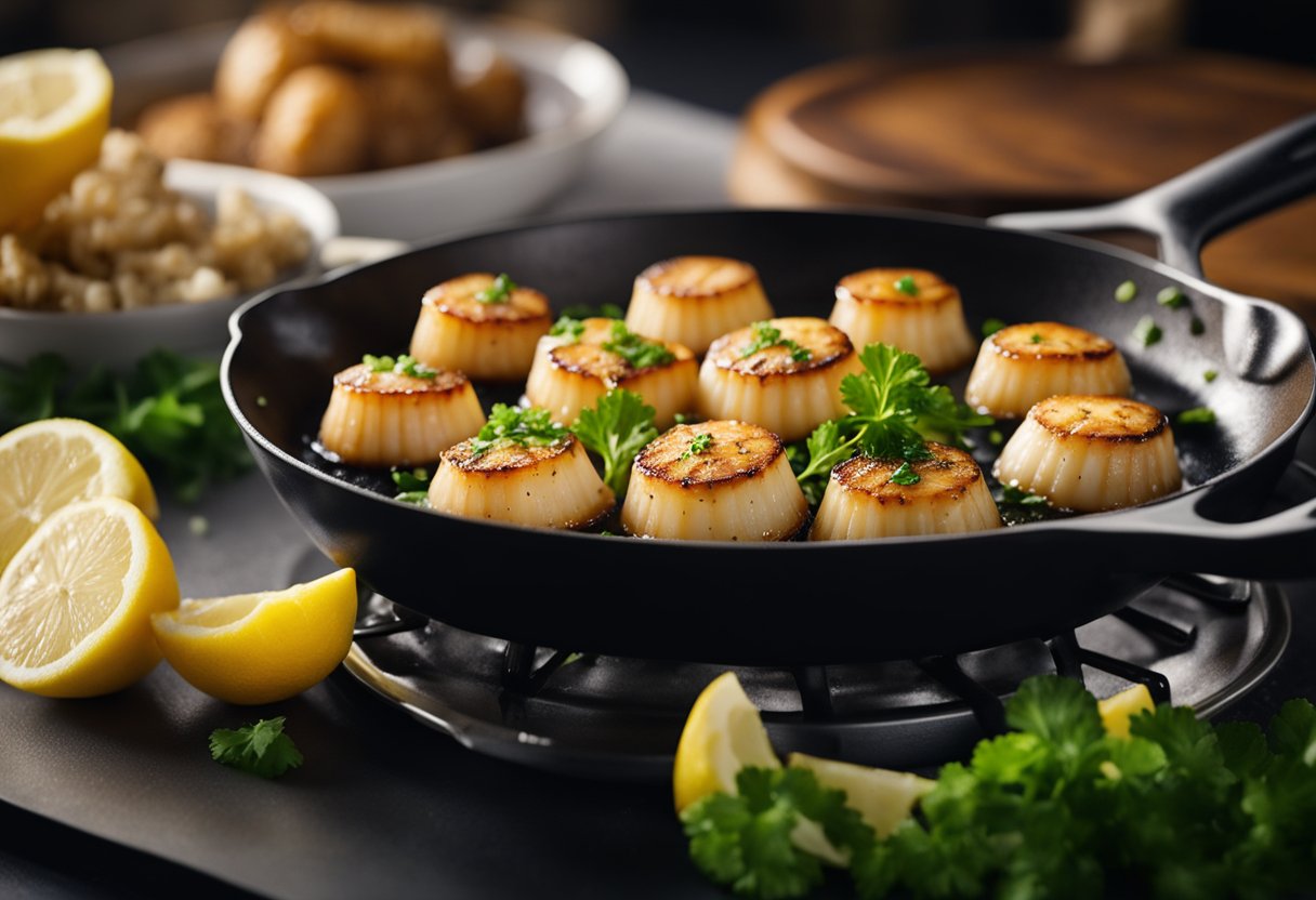Golden scallops sizzle in a skillet. A hand reaches for a plate, placing the cooked scallops on it. A side of lemon wedge and parsley garnish the dish