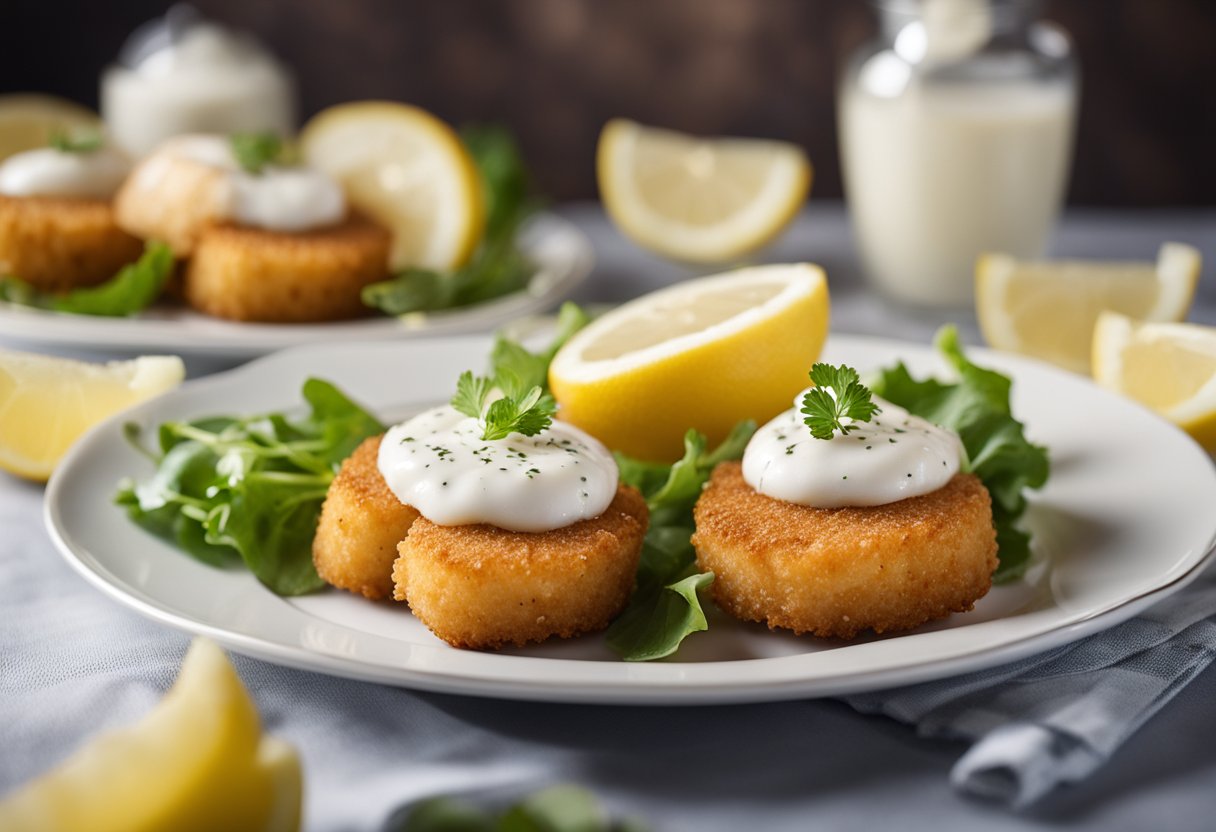 A plate of golden-brown breaded scallops, arranged neatly with a side of tartar sauce, surrounded by a garnish of fresh lemon slices