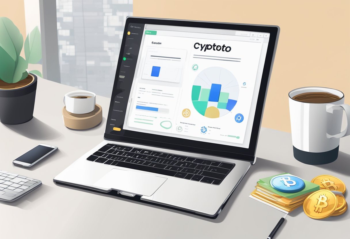 A computer screen displaying a user-friendly crypto platform with simple interface and clear instructions. A beginner's guidebook and a cup of coffee sit nearby