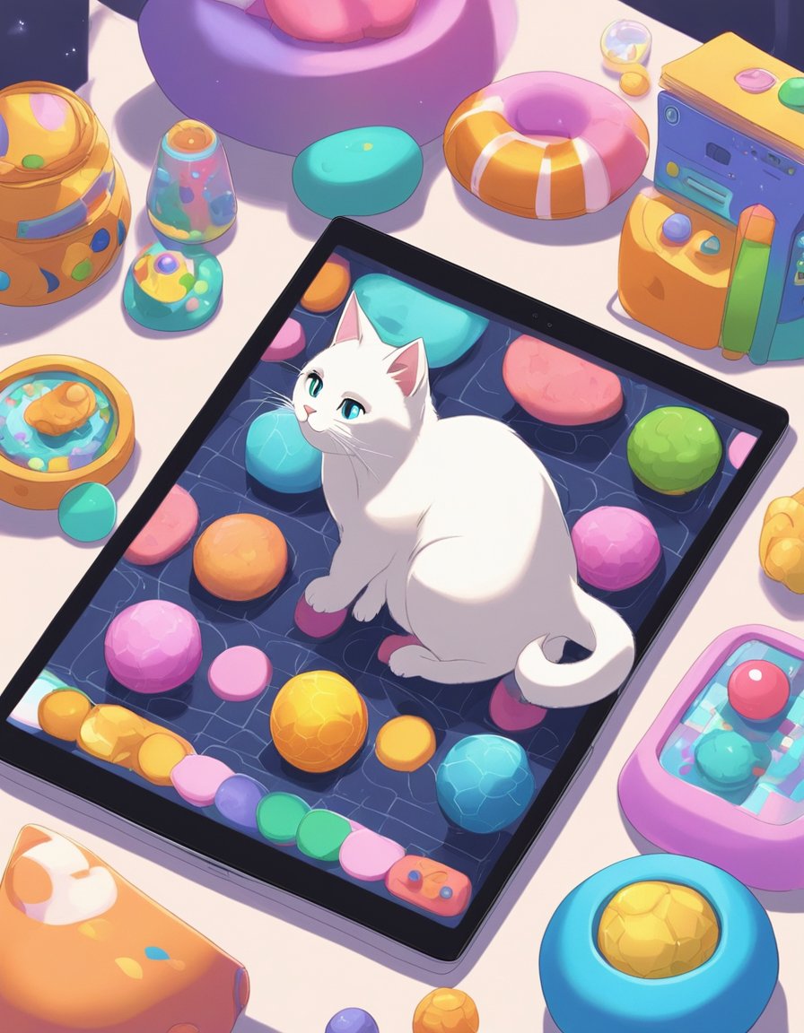 A sleek tablet displaying interactive cat games, surrounded by colorful cat toys and a cozy cat bed