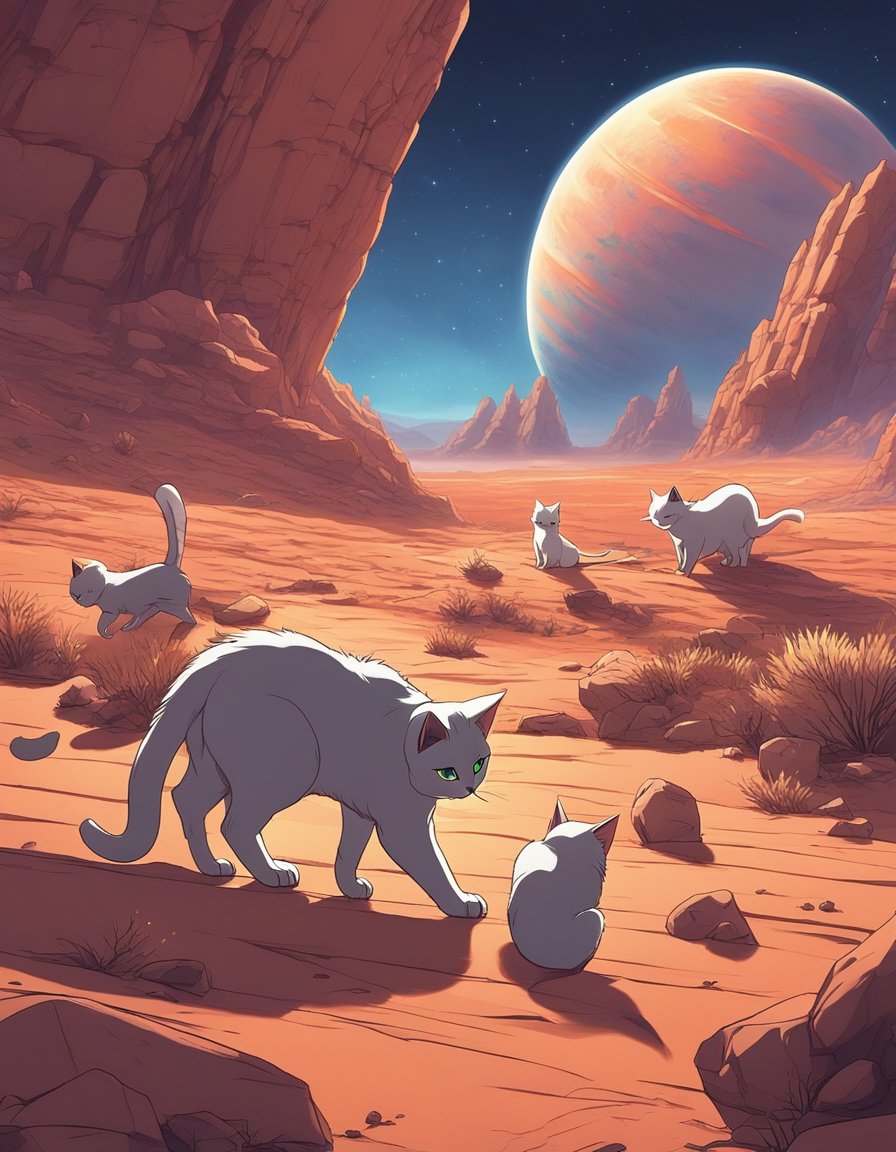 A group of cats roam the red Martian landscape, their fur illuminated by the glow of the distant sun.</p><p>They playfully chase each other among the rocky terrain, their curious eyes scanning the alien world around them