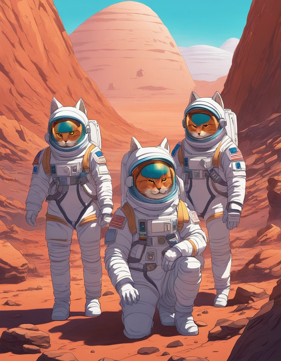 Three space cats in astronaut suits explore the rocky red surface of Mars, with a futuristic spaceship in the background