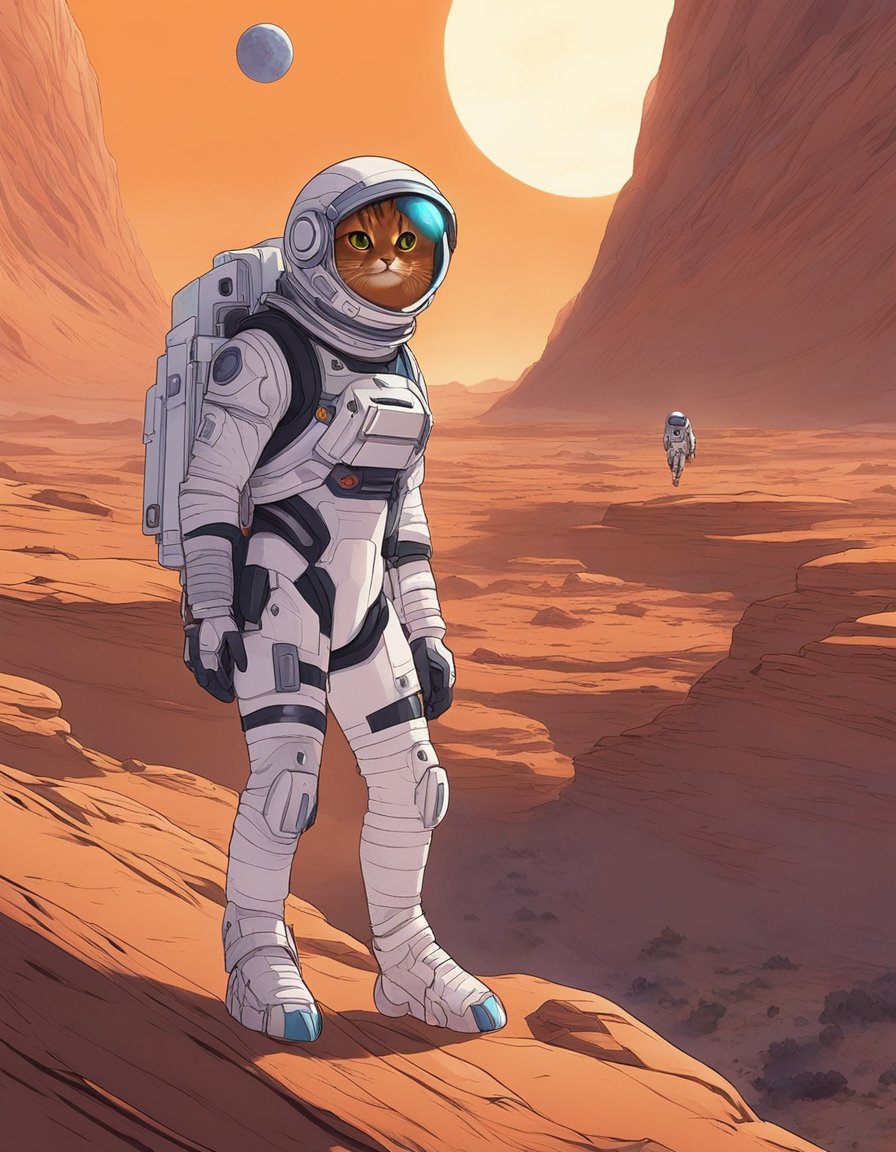 Space cats roam Mars, jumping over red rocks and exploring alien landscapes.</p><p>Their fur glistens under the Martian sun, as they play and hunt in this otherworldly environment