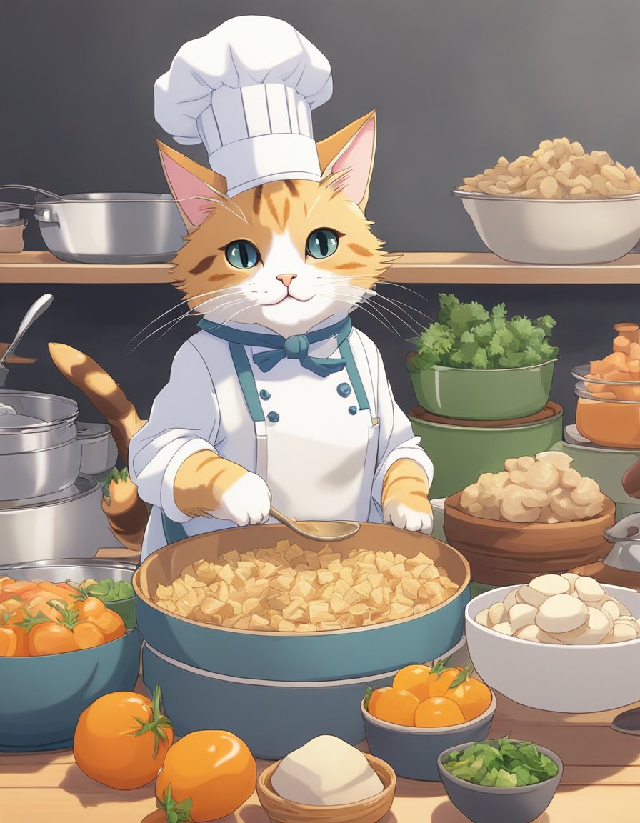 A cat sits on a kitchen counter, surrounded by bowls of fresh ingredients and a mixing bowl.</p><p>The cat is wearing a chef's hat and apron, and is busy mixing and preparing gourmet cat treats