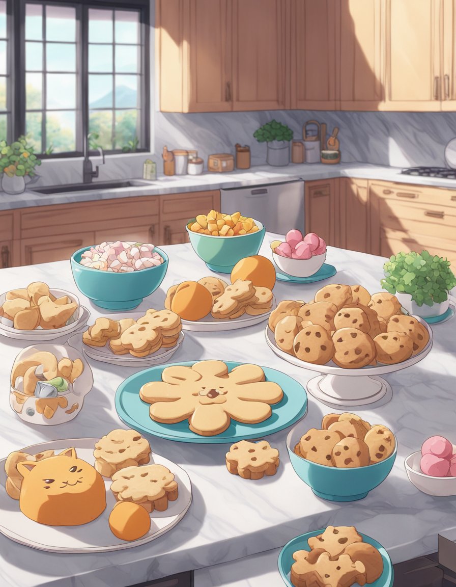 A cozy kitchen with fresh ingredients, a cat-shaped cookie cutter, and an assortment of gourmet cat treats on a marble countertop